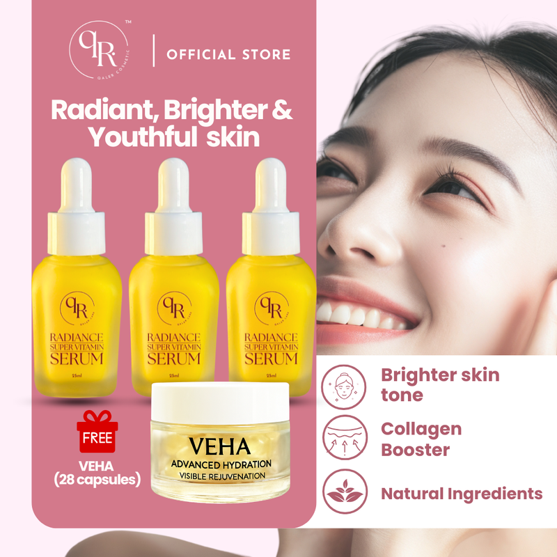 [qaleR Cosmetic] VALUE PACK | Radiance Super Vitamin Serum (3 Bottles) + FREE VEHA (28 Capsules) – Boost Collagen, Renew Skin, and Glow Brighter!