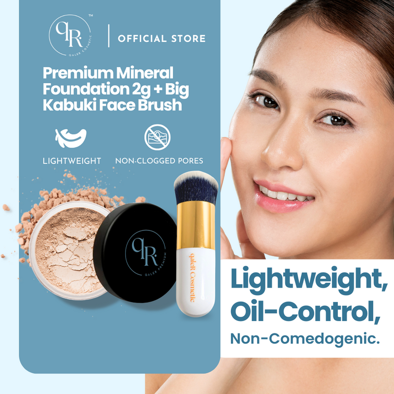 [qaleR Cosmetic] Premium Mineral Foundation (2g) + Big Kabuki Face Brush (50% OFF) – 100% pure mineral, Talc-free, Best for Sensitive Skin