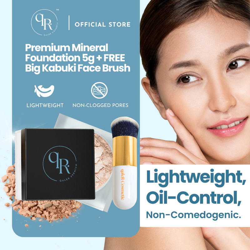[qaleR Cosmetic] Premium Foundation (5g) + FREE Big Kabuki Face Brush - 100% pure mineral, Talc-free, Best for Sensitive Skin